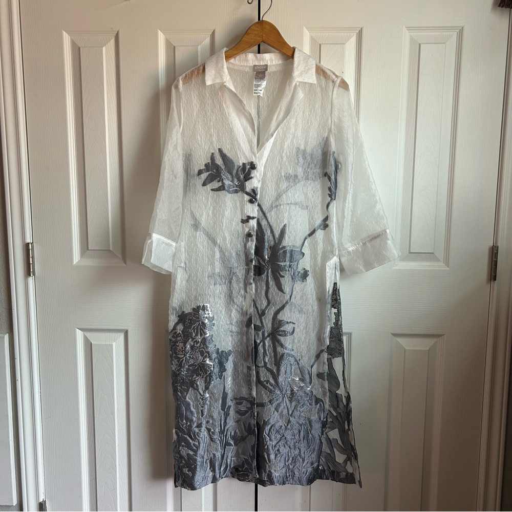 Chicos white and gray sheer button down duster cardigan